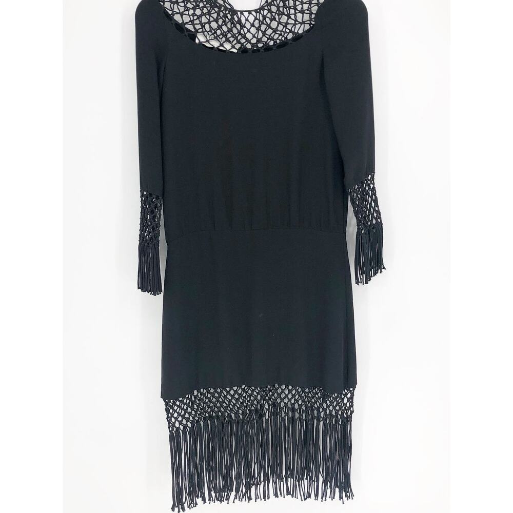 VALENTINO GARAVANI Midi Dress 4 Black Fringed Macramé-Paneled Silk-Crepe FLAW - Picture 6 of 16